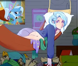 Size: 1280x1086 | Tagged: safe, artist:degurechaft, derpibooru import, trixie, human, pony, unicorn, bag, book, clothes, female, hammock, humanized, image, jewelry, jpeg, mare, pillow, ring, scene interpretation, screencap reference, scroll, skirt, sweater, trixie's wagon, wagon