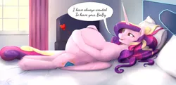 Size: 800x388 | Tagged: safe, artist:sinfoe, derpibooru import, edit, princess cadance, alicorn, pony, belly, big belly, dialogue, female, floating heart, heart, image, lying down, mare, on back, png, pregdance, pregnant