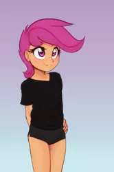 Size: 1082x1627 | Tagged: safe, anonymous editor, artist:scorpdk, banned from derpibooru, edit, ponybooru import, unauthorized edit, scootaloo, human, adorasexy, alternate hairstyle, arm behind back, blushing, booty shorts, breasts, child, clothes, cute, cutealoo, delicious flat chest, eyelashes, female, gradient background, hand on hip, humanized, image, pants, png, purple eyes, sexy, short pants, shorts, simple background, small breasts, smiling, solo, young
