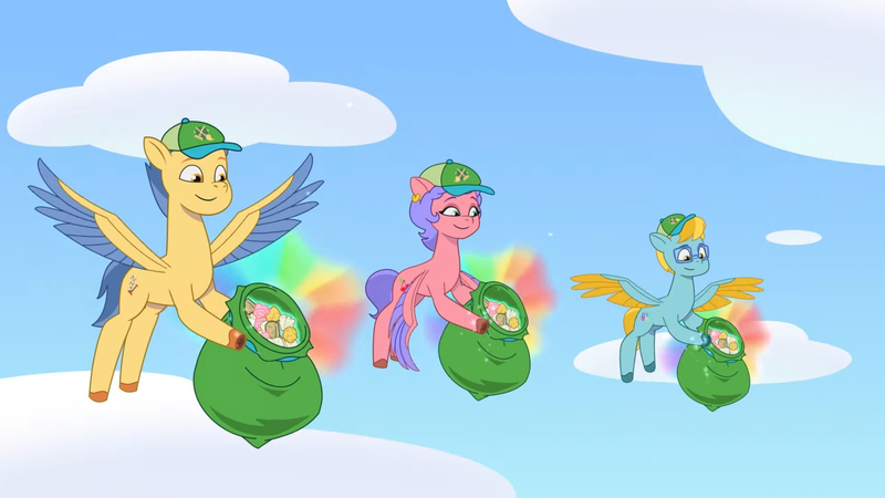 Size: 3410x1920 | Tagged: safe, derpibooru import, screencap, pegasus, pony, my little pony: tell your tale, spoiler:g5, spoiler:my little pony: tell your tale, spoiler:tyts01e23, another pony's trash, cloud, female, flying, g5, high res, image, jpeg, male, mare, sky, spread wings, stallion, trio, wings, youtube link