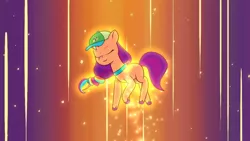 Size: 3410x1920 | Tagged: safe, derpibooru import, screencap, sunny starscout, earth pony, pony, my little pony: tell your tale, spoiler:g5, spoiler:my little pony: tell your tale, spoiler:tyts01e23, another pony's trash, eyes closed, female, g5, high res, image, jpeg, mare, smiling, solo, transformation, youtube link