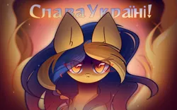 Size: 2400x1500 | Tagged: safe, artist:miryelis, derpibooru import, oc, oc:ukraine, ponified, unofficial characters only, earth pony, pony, big ears, fire, glow, glowing eyes, image, long hair, looking at you, nation ponies, png, serious, solo, text, ukraine