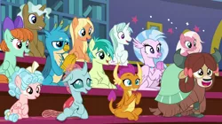 Size: 1278x718 | Tagged: safe, derpibooru import, screencap, cozy glow, gallus, ocellus, sandbar, silverstream, smolder, yona, changedling, changeling, classical hippogriff, dragon, earth pony, gryphon, hippogriff, pegasus, pony, unicorn, yak, a rockhoof and a hard place, image, png, student six