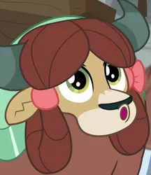 Size: 619x718 | Tagged: safe, derpibooru import, screencap, yona, yak, a rockhoof and a hard place, cropped, female, image, looking up, open mouth, png, solo