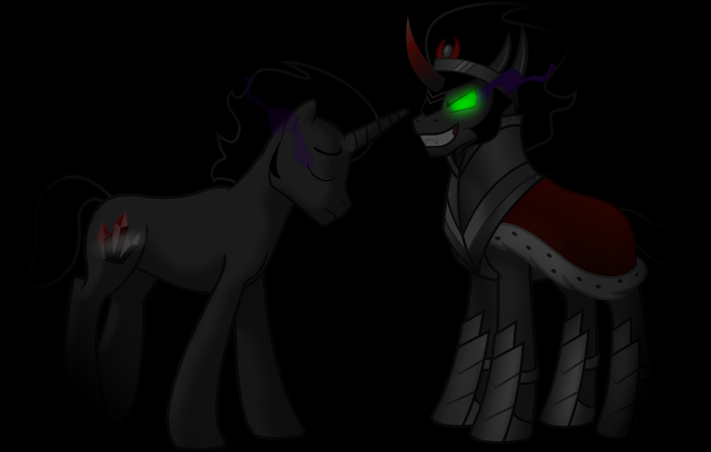 Size: 3072x1953 | Tagged: safe, artist:moonight118, derpibooru import, king sombra, umbrum, unicorn, a tale of one shadow, antagonist, black background, curved horn, duality, evil grin, eyes closed, grin, horn, image, male, png, shadow, simple background, smiling, sombra eyes, sombra's cutie mark
