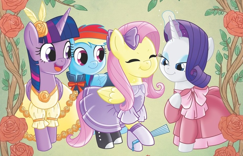 Size: 945x608 | Tagged: safe, derpibooru import, idw, fluttershy, rainbow dash, rarity, twilight sparkle, twilight sparkle (alicorn), alicorn, pegasus, pony, unicorn, anniversary, bowtie, clothes, cute, dashabetes, dress, eyes closed, eyeshadow, female, flower, gloves, glow, glowing horn, horn, image, jpeg, little fillies, little woman, magic, makeup, mare, raribetes, rose, shyabetes, twiabetes