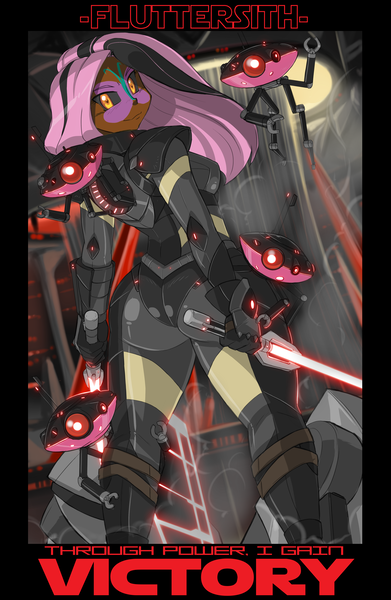 Size: 3360x5151 | Tagged: safe, artist:shonuff44, banned from derpibooru, edit, editor:anonymous, fluttershy, human, robot, absurd resolution, alternative cutie mark placement, armor, boobs and butt pose, breasts, butt, cleavage, clothes, crossover, dark skin, drone, dual wield, facial cutie mark, female, flutterbutt, fluttersith, humanized, image, lightsaber, looking at you, looking back, looking back at you, png, sith, skin color edit, smiling, solo, star wars, weapon