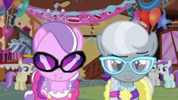 Size: 640x360 | Tagged: safe, artist:sanluris, derpibooru import, edit, edited screencap, screencap, alula, diamond tiara, liza doolots, petunia, pluto, silver spoon, tootsie flute, tornado bolt, earth pony, pony, call of the cutie, clothes, dress, female, filly, foal, image, looking at you, party, png, smiling, smiling at you, sugarcube corner, vinyl's glasses