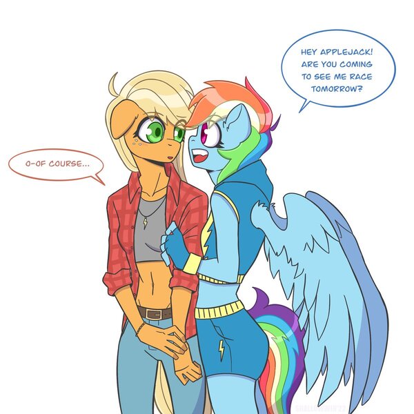Size: 1200x1200 | Tagged: safe, artist:shallowwin, derpibooru import, applejack, rainbow dash, anthro, earth pony, pegasus, appledash, belly button, belt, clothes, cute, dashabetes, denim, duo, female, fingerless gloves, flannel, gloves, hoodie, image, jackabetes, jeans, jewelry, jpeg, lesbian, midriff, necklace, open mouth, pants, shipping, shorts, simple background, sleeveless, sleeveless hoodie, sports bra, sports shorts, white background, wristband