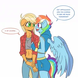 Size: 1200x1200 | Tagged: safe, artist:shallowwin, derpibooru import, applejack, rainbow dash, anthro, earth pony, pegasus, appledash, belly button, belt, clothes, cute, dashabetes, denim, duo, female, fingerless gloves, flannel, gloves, hoodie, image, jackabetes, jeans, jewelry, jpeg, lesbian, midriff, necklace, open mouth, pants, shipping, shorts, simple background, sleeveless, sleeveless hoodie, sports bra, sports shorts, white background, wristband