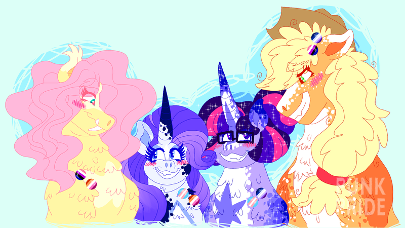 Size: 3200x1800 | Tagged: safe, artist:punkpride, applejack, fluttershy, rarity, twilight sparkle, alicorn, earth pony, pegasus, pony, unicorn, alternate design, appleshy, blue background, blushing, coat markings, fangs, female, flarity, glasses, image, lesbian, lesbian pride flag, mare, png, polyamory, pride, pride flag, rarijack, rarilight, shipping, simple background, smiling, transgender pride flag, twijack, twishy, twitterina design