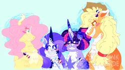 Size: 3200x1800 | Tagged: safe, artist:punkpride, applejack, fluttershy, rarity, twilight sparkle, alicorn, earth pony, pegasus, pony, unicorn, alternate design, appleshy, blue background, blushing, coat markings, fangs, female, flarity, glasses, image, lesbian, lesbian pride flag, mare, png, polyamory, pride, pride flag, rarijack, rarilight, shipping, simple background, smiling, transgender pride flag, twijack, twishy, twitterina design