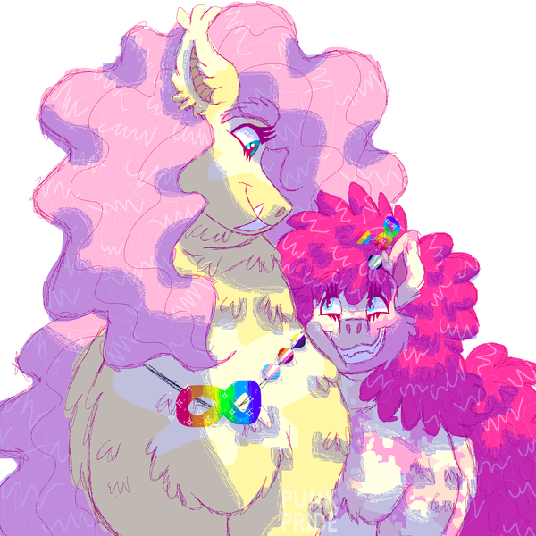 Size: 2000x2000 | Tagged: safe, artist:punkpride, fluttershy, pinkie pie, earth pony, pegasus, pony, autism, coat markings, ear tufts, female, flutterpie, image, jewelry, lesbian, lesbian pride flag, looking at each other, necklace, nonbinary pride flag, pansexual pride flag, png, pride, pride flag, shipping, simple background, smiling, transgender pride flag, white background