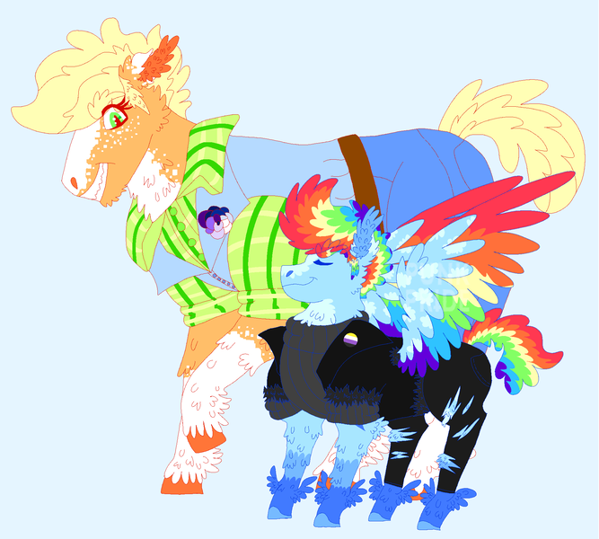 Size: 2000x1800 | Tagged: safe, artist:punkpride, applejack, rainbow dash, earth pony, pegasus, pony, alternate design, appledash, blue background, clothes, coat markings, colored hooves, colored wings, eyes closed, facial markings, feathered fetlocks, female, height difference, hoof fluff, image, jeans, lesbian, male, mare, multicolored wings, nonbinary pride flag, pants, png, pride, pride flag, rainbow wings, raised hoof, shipping, shirt, simple background, smiling, stallion, sweater, twitterina design, unshorn fetlocks, wings