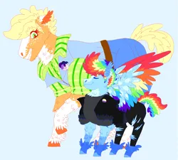 Size: 2000x1800 | Tagged: safe, artist:punkpride, applejack, rainbow dash, earth pony, pegasus, pony, alternate design, appledash, blue background, clothes, coat markings, colored hooves, colored wings, eyes closed, facial markings, feathered fetlocks, female, height difference, hoof fluff, image, jeans, lesbian, male, mare, multicolored wings, nonbinary pride flag, pants, png, pride, pride flag, rainbow wings, raised hoof, shipping, shirt, simple background, smiling, stallion, sweater, ugly, unshorn fetlocks, wings