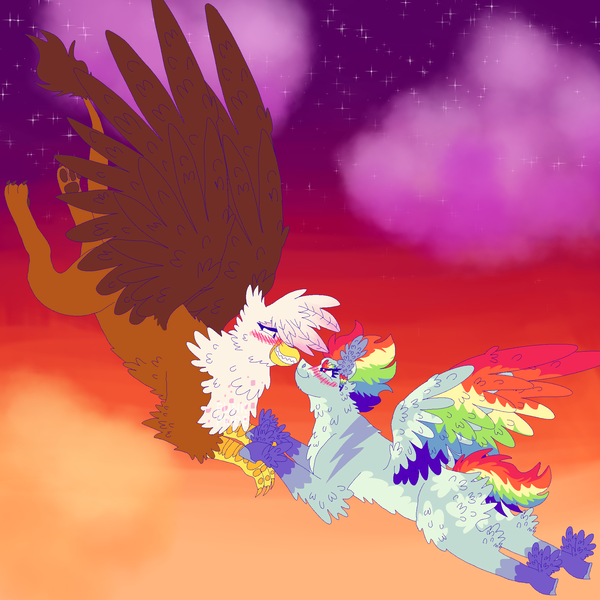 Size: 2000x2000 | Tagged: safe, artist:punkpride, gilda, rainbow dash, gryphon, pegasus, pony, blushing, coat markings, colored wings, feathered wings, female, flying, gildash, holding hands, image, lesbian, looking at each other, multicolored wings, png, rainbow wings, shipping, sky background, wings