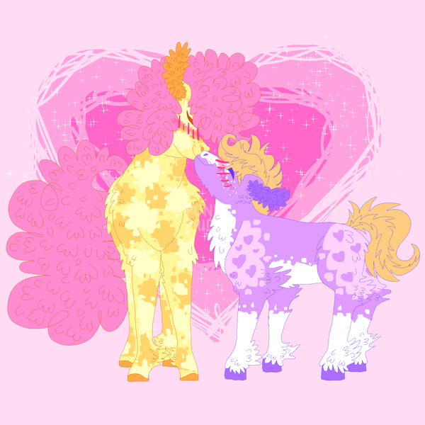 Size: 2000x2000 | Tagged: safe, artist:punkpride, li'l cheese, little mac, earth pony, pony, the last problem, alternate design, blushing, coat markings, colored hooves, facial markings, gay, height difference, hoof fluff, image, kissing, male, pale belly, pink background, png, shipping, simple background, socks (coat marking), twitterina design