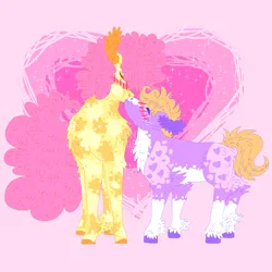 Size: 2000x2000 | Tagged: safe, artist:punkpride, li'l cheese, little mac, earth pony, pony, the last problem, alternate design, blushing, coat markings, colored hooves, facial markings, gay, height difference, hoof fluff, image, kissing, male, pale belly, pink background, png, shipping, simple background, socks (coat marking), twitterina design, ugly
