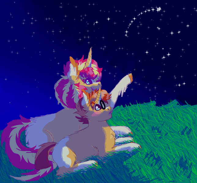 Size: 2900x2700 | Tagged: safe, artist:punkpride, sunburst, sunset shimmer, pony, unicorn, brother and sister, coat markings, foal, glasses, grass, headcanon, image, looking at the sky, lying down, night, night sky, png, pointing, raised hoof, siblings, sky, stars, sunny siblings, younger