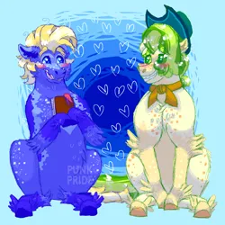 Size: 2000x2000 | Tagged: safe, artist:punkpride, pistachio, star tracker, earth pony, pony, alternate design, blue background, blushing, book, clothes, floating heart, gay, hat, heart, image, looking at each other, male, png, scarf, shipping, simple background, sitting, twitterina design, ugly, watermark