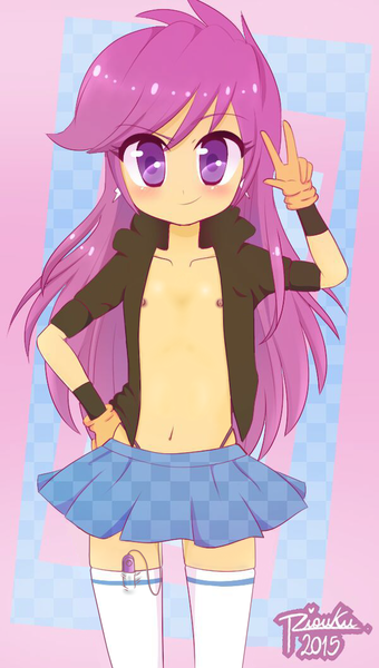 Size: 600x1058 | Tagged: questionable, artist:riouku, banned from derpibooru, edit, editor:anonymous, scootaloo, human, belly button, breasts, child, clothes, delicious flat chest, egg vibrator, female, gloves, humanized, image, lolicon, long hair, looking at you, midriff, nipples, nudity, panties, partial nudity, partial nudity edit, peace sign, png, sex toy, skirt, skirtaloo, smiling, socks, solo, stockings, thigh highs, thong, underage, underwear, vibrator