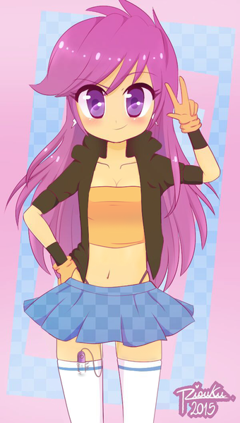 Size: 600x1058 | Tagged: questionable, artist:riouku, banned from derpibooru, edit, edited edit, editor:anonymous, twibooru exclusive, scootaloo, human, belly button, breasts, cleavage, clothes, delicious flat chest, egg vibrator, female, gloves, humanized, image, lolicon, long hair, looking at you, midriff, nipples, nudity, panties, peace sign, png, sex toy, skirt, skirtaloo, smiling, socks, solo, stockings, thigh highs, thong, underage, underwear, vibrator