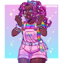 Size: 1024x1024 | Tagged: safe, artist:miottex, pinkie pie, human, equestria girls, belt, blackwashing, bow, bracelet, clothes, dark skin, gradient background, hair bow, hairclip, humanized, image, jewelry, jpeg, open mouth, overalls, ponytail, shirt, solo, sparkles, sticker, t-shirt