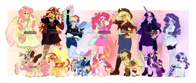 Size: 1280x545 | Tagged: safe, artist:foxklt, applejack, fluttershy, pinkie pie, rainbow dash, rarity, spike, sunset shimmer, twilight sparkle, alicorn, earth pony, pegasus, pony, unicorn, equestria girls, accessories, alicornified, alternate design, antlers, applejack's hat, arm warmers, balloon, bandage, belt, book, bow, braid, clenched fist, clothes, coat markings, collar, colored hooves, colored wings, cowboy hat, devil horn (gesture), dress, ear piercing, earring, fake ears, feathered fetlocks, female, fingerless gloves, flower, flower in hair, gloves, gradient wings, hair bow, hairclip, hand on hip, hat, horn, image, jacket, jeans, jewelry, lesbian pride flag, line-up, looking at you, looking back, looking back at you, mane seven, mane six, multicolored wings, nail polish, necklace, necktie, open mouth, overalls, painted nails, pants, piercing, plaid shirt, plaid skirt, png, pony ears, pride, pride flag, race swap, redesign, ripped jeans, ripped stockings, shimmercorn, shirt, shoes, shorts, shoulder bag, skirt, skull, smiling, socks, spiked collar, tail feathers, tanktop, tongue out, tongue piercing, twitterina design, unshorn fetlocks, wall of tags, watermark, winged hooves, wings, wristband