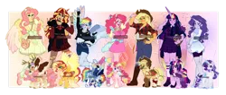 Size: 1280x545 | Tagged: safe, artist:foxklt, applejack, fluttershy, pinkie pie, rainbow dash, rarity, spike, sunset shimmer, twilight sparkle, alicorn, earth pony, pegasus, pony, unicorn, equestria girls, accessories, alicornified, alternate design, antlers, applejack's hat, arm warmers, balloon, bandage, belt, book, bow, braid, clenched fist, clothes, coat markings, collar, colored hooves, colored wings, cowboy hat, devil horn (gesture), dress, ear piercing, earring, fake ears, feathered fetlocks, female, fingerless gloves, flower, flower in hair, gloves, gradient wings, hair bow, hairclip, hand on hip, hat, horn, image, jacket, jeans, jewelry, lesbian pride flag, line-up, looking at you, looking back, looking back at you, mane seven, mane six, multicolored wings, nail polish, necklace, necktie, open mouth, overalls, painted nails, pants, piercing, plaid shirt, plaid skirt, png, pony ears, pride, pride flag, race swap, redesign, ripped jeans, ripped stockings, shimmercorn, shirt, shoes, shorts, shoulder bag, skirt, skull, smiling, socks, spiked collar, tail feathers, tanktop, tongue out, tongue piercing, unshorn fetlocks, wall of tags, watermark, winged hooves, wings, wristband