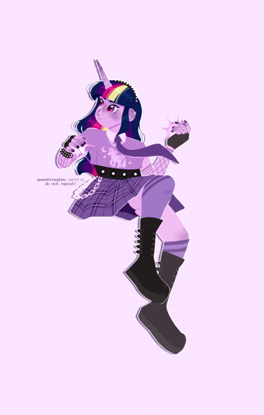 Size: 943x1480 | Tagged: safe, artist:foxklt, twilight sparkle, human, equestria girls, belt, boots, bracelet, chains, clothes, ear piercing, female, fingerless gloves, fishnet clothing, floating, gloves, hairband, horn, horned humanization, humanized, image, magic, necktie, piercing, pink background, plaid skirt, png, shoes, simple background, skirt, socks, solo, spiked headband, spiked wristband, underpants, wristband