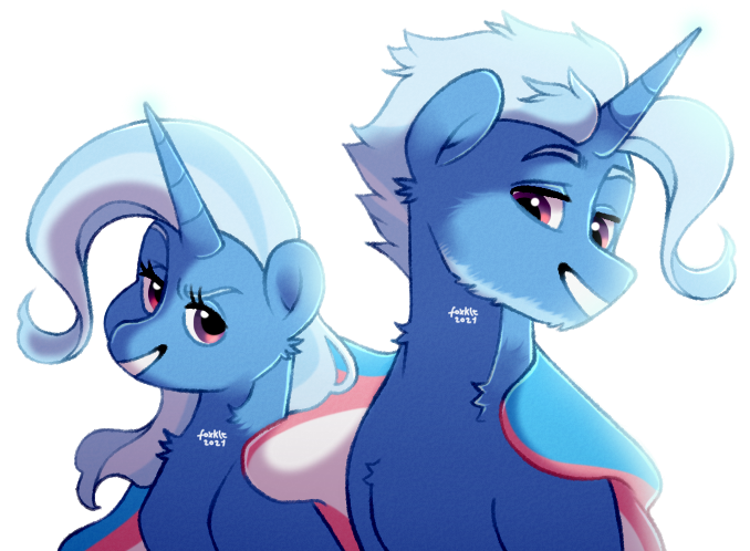 Size: 678x498 | Tagged: safe, artist:foxklt, trixie, pony, unicorn, facial hair, female, gender headcanon, image, looking at you, male, mare, png, pride, pride flag, rule 63, simple background, smiling, solo, stallion, trans trixie, transgender, transgender pride flag, transparent background, tristan