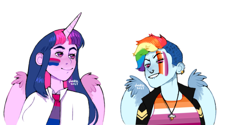 Size: 921x504 | Tagged: safe, artist:foxklt, rainbow dash, twilight sparkle, human, equestria girls, alternate hairstyle, bisexual pride flag, clothes, ear piercing, face paint, female, headcanon, horn, horned humanization, humanized, image, jacket, jewelry, lesbian pride flag, lip bite, looking at you, necklace, necktie, nose piercing, nose ring, piercing, png, pride, pride flag, sexuality headcanon, shirt, simple background, smiling, smirk, transparent background, winged humanization, wings