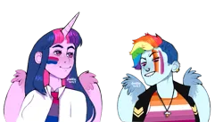 Size: 921x504 | Tagged: safe, artist:foxklt, rainbow dash, twilight sparkle, human, equestria girls, alternate hairstyle, bisexual pride flag, clothes, ear piercing, face paint, female, horn, horned humanization, humanized, image, jacket, jewelry, lesbian pride flag, lip bite, looking at you, necklace, necktie, nose piercing, nose ring, piercing, png, pride, pride flag, shirt, simple background, smiling, smirk, transparent background, winged humanization, wings
