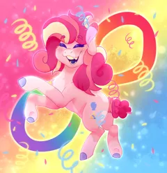 Size: 850x884 | Tagged: safe, artist:thatonefluffs, derpibooru import, pinkie pie, earth pony, pony, autism, confetti, draw this in your style challenge, dtiys, eyes closed, fangs, freckles, gay pride flag, image, pansexual, pansexual pride flag, png, ponk, pride, pride flag, redesign, smiling, solo, sparkles