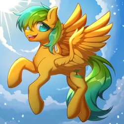 Size: 3543x3543 | Tagged: safe, artist:blueeye, derpibooru import, oc, oc:nature guard, unofficial characters only, pegasus, pony, cloud, flying, image, jpeg, looking at you, open mouth, raised hoof, sky, smiling, smiling at you, spread wings, sun, wings