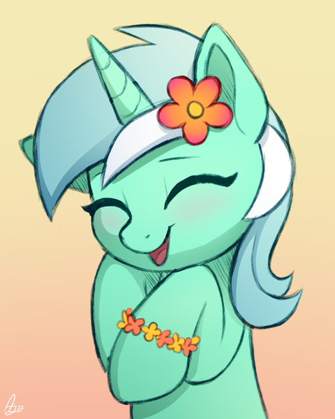 Size: 2000x2500 | Tagged: safe, artist:luminousdazzle, derpibooru import, lyra heartstrings, pony, unicorn, friendship is magic, background pony, blushing, bracelet, colored sketch, cute, doodle, eyes closed, female, flower, flower in hair, gradient background, happy, image, jewelry, lying down, lyrabetes, mare, open mouth, open smile, png, signature, simple background, smiling, solo, solo female