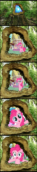 Size: 1000x4584 | Tagged: safe, artist:xodok, derpibooru import, bon bon, fluttershy, lyra heartstrings, pinkie pie, princess celestia, rainbow dash, rarity, roseluck, sweetie drops, alicorn, pegasus, pony, unicorn, series:ponyashnost, animated, forest, gif, image, ponyville, portal, tree