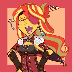 Size: 1280x1280 | Tagged: safe, artist:nene, derpibooru import, sunset shimmer, human, equestria girls, abstract background, alternate hairstyle, beidou (genshin impact), belt, breasts, cape, cleavage, clothes, cosplay, costume, ear piercing, earring, eyepatch, eyes closed, fingerless gloves, gloves, hairclip, image, jewelry, jpeg, open mouth, piercing, simple background