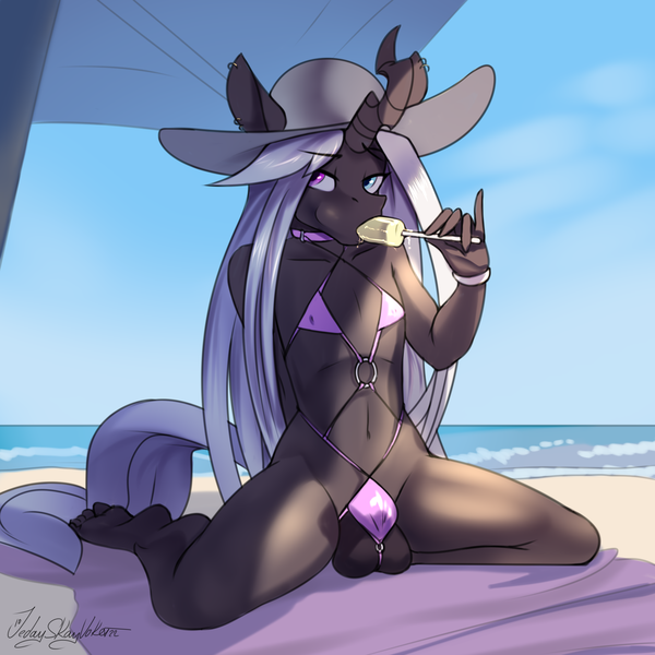 Size: 3000x3000 | Tagged: explicit, artist:jedayskayvoker, derpibooru import, oc, oc:n0cturn3, anthro, changeling, plantigrade anthro, balls, beach, changeling oc, clothes, crotch bulge, eyebrows, femboy, food, girly, hat, heterochromia, ice cream, image, looking at you, male, monokini, naughty, nudity, ocean, png, popsicle, sketch, solo, swimsuit, trap, water, white changeling