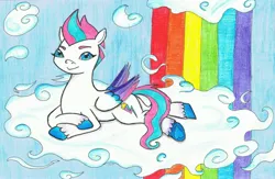 Size: 2205x1434 | Tagged: safe, artist:assertiveshypony, derpibooru import, zipp storm, pegasus, pony, cloud, drawing, g5, image, jpeg, looking at you, lying down, lying on a cloud, on a cloud, rainbow, simple background, solo, traditional art