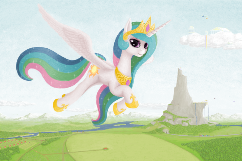 Size: 1800x1200 | Tagged: safe, artist:xodok, derpibooru import, princess celestia, alicorn, pony, series:ponyashnost, canterlot, cloud, cloudsdale, field, forest, image, looking at you, mountain, png, river, smiling, tree, water