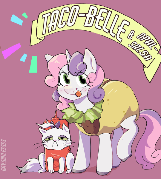 Size: 3435x3824 | Tagged: safe, artist:gay_smilesss, derpibooru import, apple bloom, opalescence, scootaloo, sweetie belle, pony, unicorn, cutie mark crusaders, digital art, female, food, image, png, smiling, taco, text