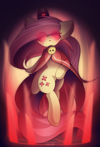 Size: 1600x2350 | Tagged: safe, artist:miryelis, derpibooru import, fluttershy, pegasus, pony, bell, crossover, crown, cult, cult of the lamb, cutie mark, flying, full body, glow, glowing eyes, image, jewelry, long hair, pentagram, png, red eyes, regalia, solo, wings