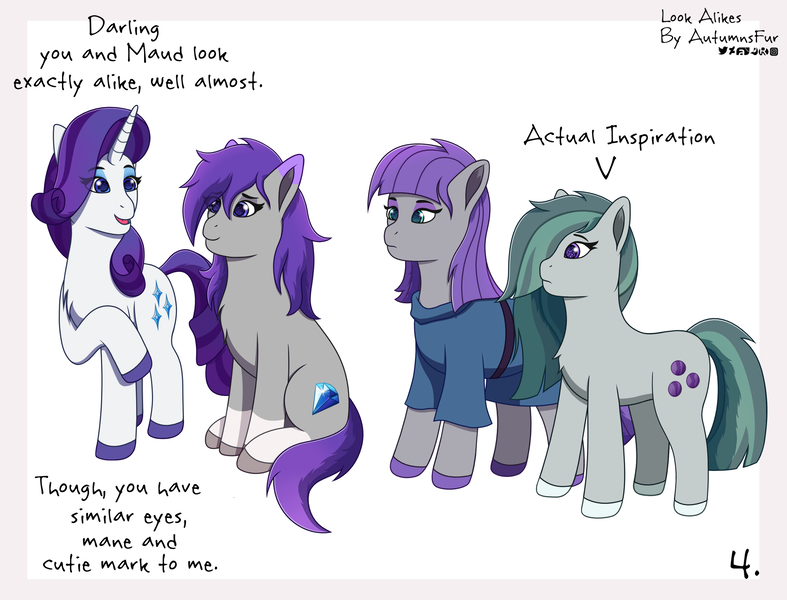 Size: 2719x2073 | Tagged: safe, artist:autumnsfur, derpibooru import, marble pie, maud pie, rarity, oc, oc:glitter stone, earth pony, pony, unicorn, comic:look alikes, clothes, cutie mark, diamond, earth pony oc, eye clipping through hair, female, g4, g5, hooves, image, long hair, long mane, nervous, open mouth, pie sisters, png, purple eyes, purple hair, purple mane, purple tail, raised hoof, redesign, siblings, signature, sisters, sitting, smiling, smirk, tail, text