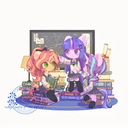 Size: 2048x2048 | Tagged: safe, artist:xieyanbbb, derpibooru import, starlight glimmer, sunset shimmer, twilight sparkle, semi-anthro, unicorn, alternate hairstyle, bipedal, book, bow, chalk, chalkboard, chinese text, clothes, eye clipping through hair, female, hair bow, hoof hold, horn, image, jpeg, lamp, looking at someone, moon runes, obtrusive watermark, open mouth, school uniform, simple background, sitting, skirt, socks, standing, stockings, thigh highs, trio, trio female, underhoof, watermark, white background