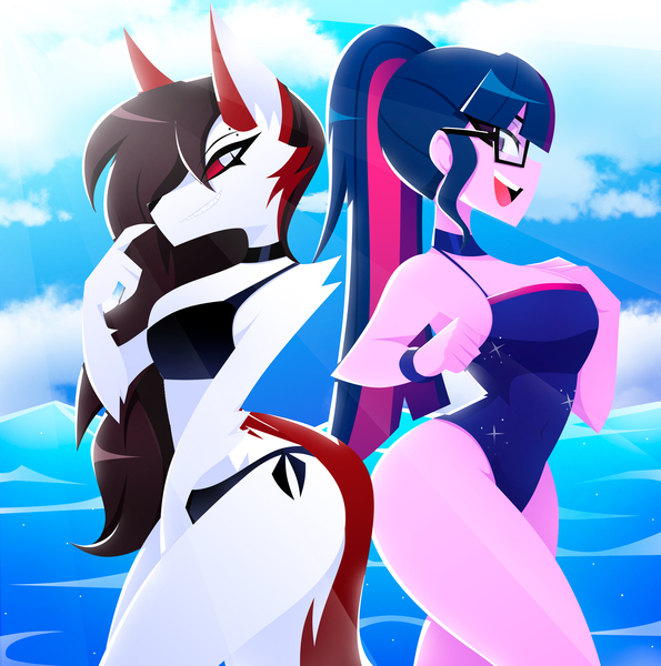 Size: 1997x2014 | Tagged: safe, artist:xan-gelx, derpibooru import, sci-twi, twilight sparkle, anthro, equestria girls, bikini, clothes, commission, duo, duo female, female, glasses, image, jpeg, looking at someone, one-piece swimsuit, open mouth, open smile, profile, smiling, swimsuit, water, wristband