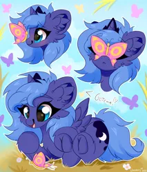 Size: 2000x2352 | Tagged: safe, artist:woonborg, derpibooru import, princess luna, alicorn, butterfly, insect, pony, blushing, cute, female, filly, happy, image, jewelry, lunabetes, png, regalia, solo, woona, younger