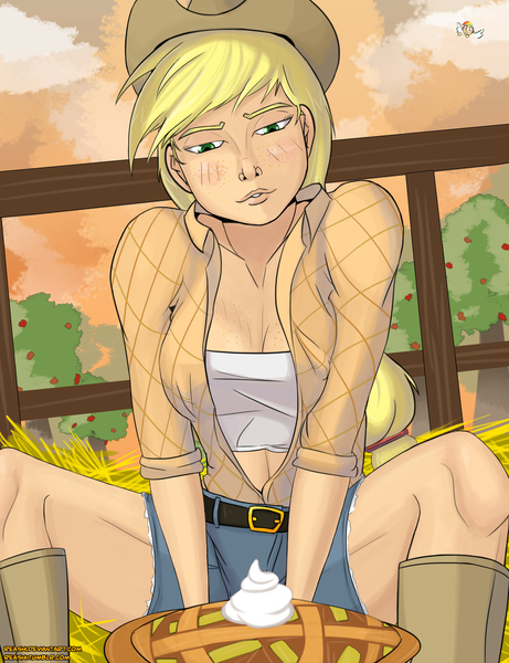 Size: 3000x3904 | Tagged: suggestive, artist:reashi, derpibooru import, applejack, rainbow dash, human, breasts, female, food, hat, humanized, image, jpeg, light skin, not porn, pie, solo