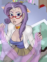 Size: 3000x3904 | Tagged: suggestive, artist:reashi, derpibooru import, rarity, human, breasts, busty rarity, cleavage, female, glasses, horn, horned humanization, humanized, image, jpeg, light skin, scissors, sexy, solo, solo female, stupid sexy rarity, whore lips