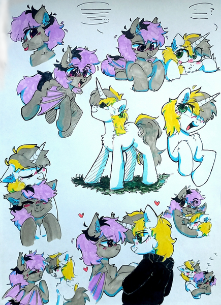Size: 1466x2022 | Tagged: safe, artist:raily, derpibooru import, oc, oc:lily moonlight, oc:yellowglaze, unofficial characters only, bat pony, unicorn, bat pony oc, bat wings, duo, female, floppy ears, horn, image, png, simple background, tail, traditional art, two toned mane, two toned tail, unicorn oc, white background, wings